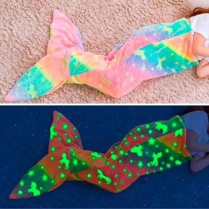 Glow in the dark mermaid tail sleeping bag for kids, cozy plush blanket for children's sleep