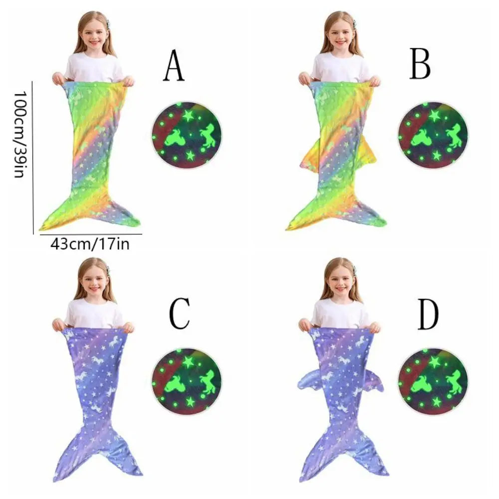 Rainbow mermaid tail sleeping bag for children, glow feature, super soft plush kids bedding
