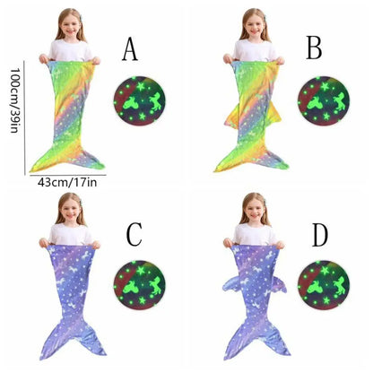 Rainbow mermaid tail sleeping bag for children, glow feature, super soft plush kids bedding