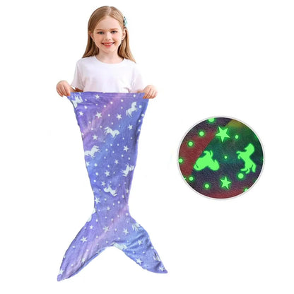 Kids mermaid sleeping bag with glow-in-dark fins, soft plush blanket, fun children's bedding idea