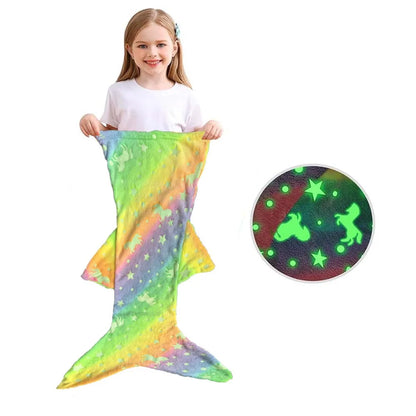 Cozy glow mermaid tail sleeping bag for kids, plush rainbow design, perfect for naptime or sleepovers