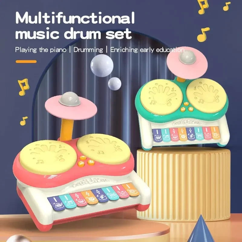 Brightly colored five-piece musical drum set for kids, perfect for toddlers and young children learning rhythm