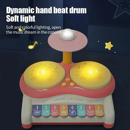 Complete musical drum set toy for kids with all components: drums, cymbal, stand, and drumsticks