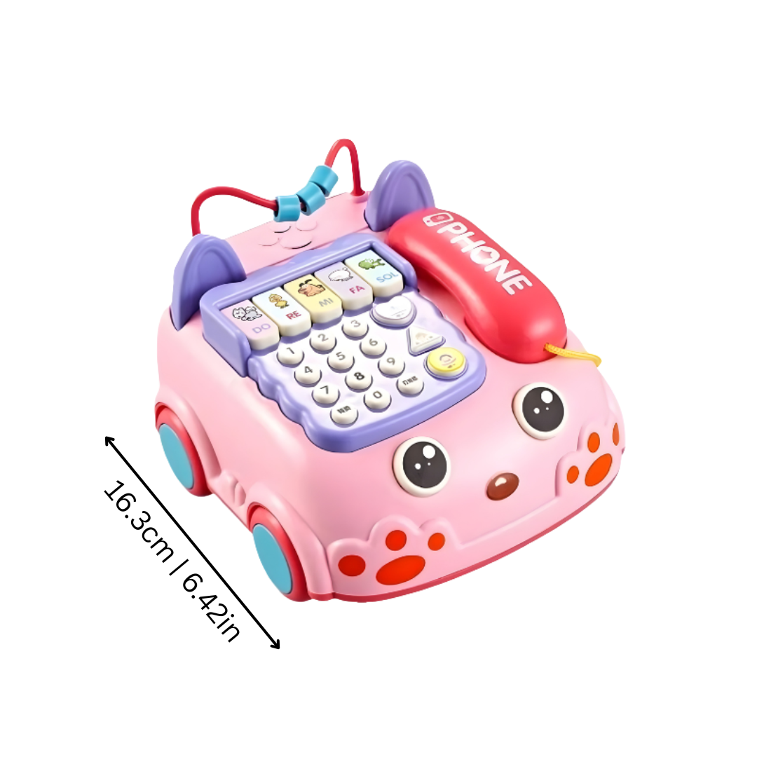 Toddler pulling a musical toy phone with colorful buttons, pretend play, learning fun