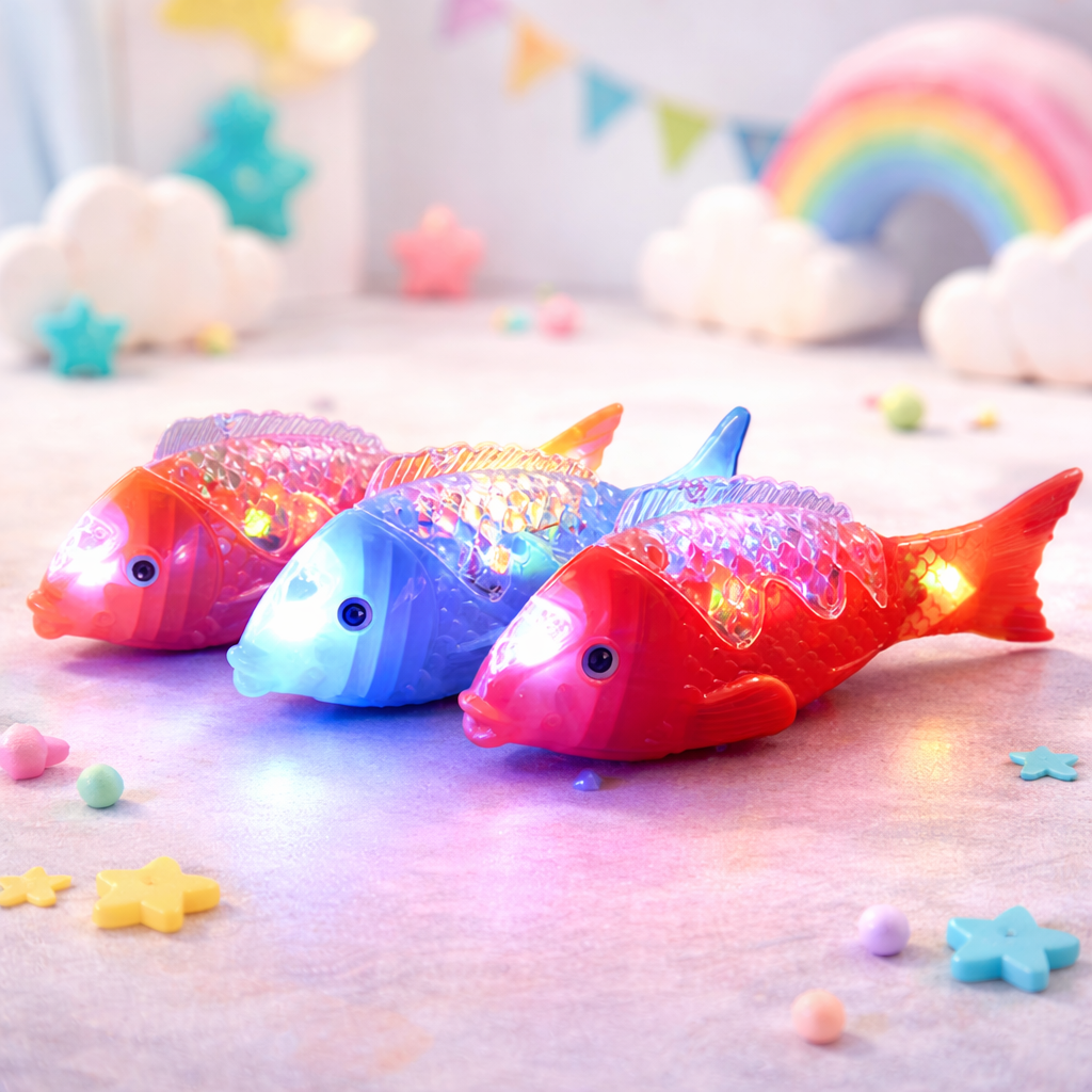 Unisex kids musical swimming fish toy, bright colors, engaging for infants. Perfect for sensory play.