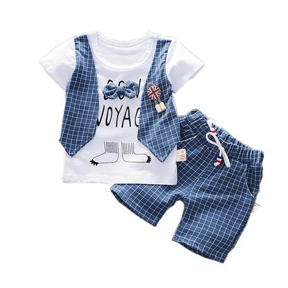 Unisex kids plaid t-shirt and shorts summer outfit set with blue and white plaid, cotton fabric