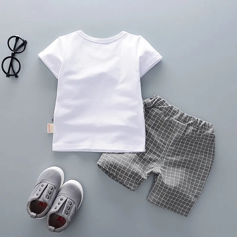 Casual unisex kids summer outfit set, blue plaid t-shirt with comfortable drawstring shorts