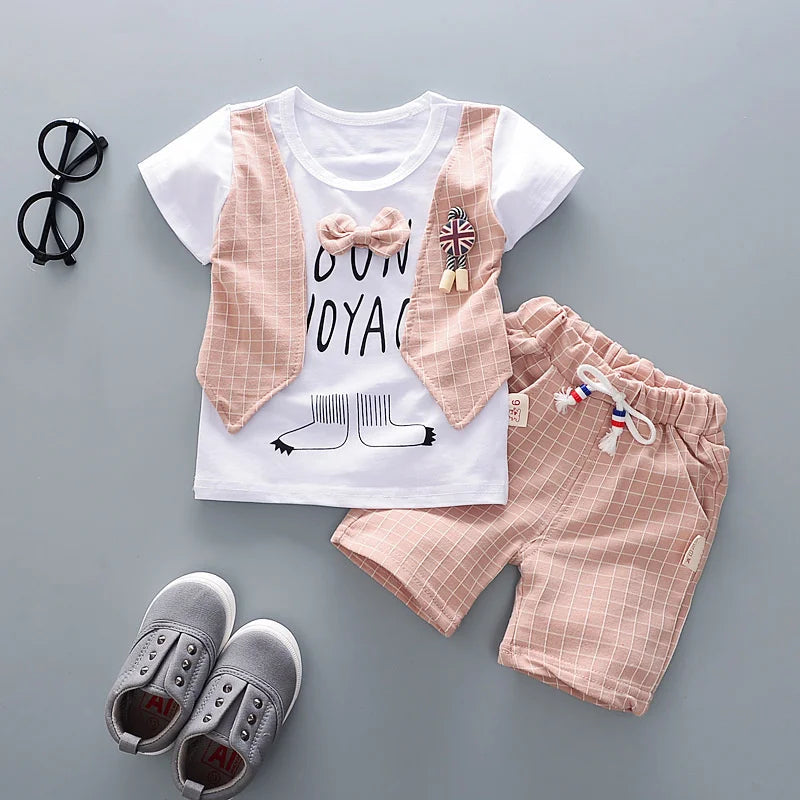 Comfortable unisex toddler summer outfit, plaid t-shirt with solid shorts, 100% cotton set