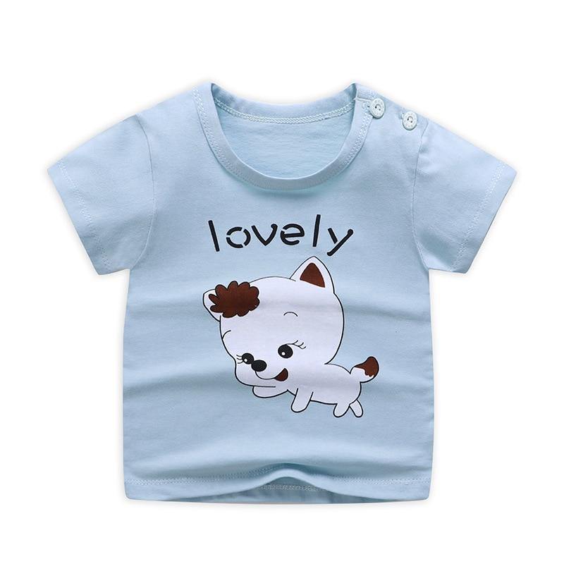 Unisex kids' playful blue summer t-shirt with a cheerful cartoon sun print and shoulder buttons.