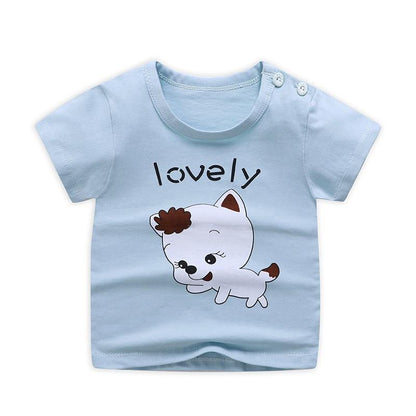Unisex kids' playful blue summer t-shirt with a cheerful cartoon sun print and shoulder buttons.
