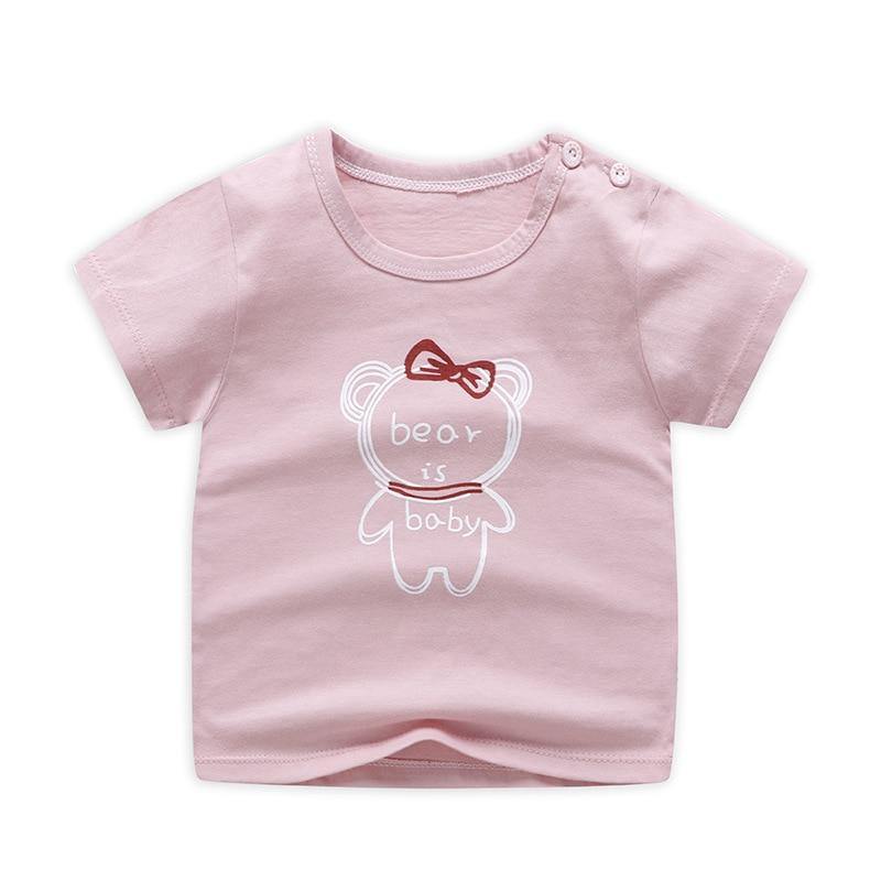 Cotton unisex baby t-shirt featuring a fun cartoon animal, perfect summer playwear for toddlers.