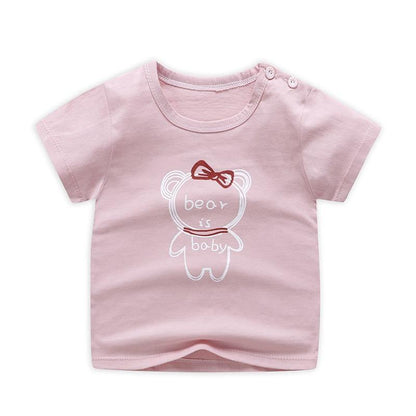 Cotton unisex baby t-shirt featuring a fun cartoon animal, perfect summer playwear for toddlers.
