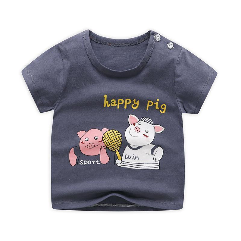 Adorable kids' white summer t-shirt with a vibrant cartoon character, crew neck, and shoulder snap.