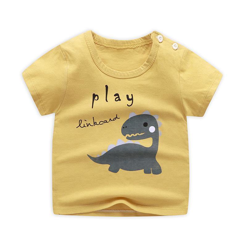 Unisex children's yellow cotton tee, ideal for summer, showcasing a cute cartoon dinosaur design.