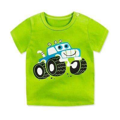 Toddler's red unisex t-shirt with a playful cartoon car print, soft cotton for summer comfort.