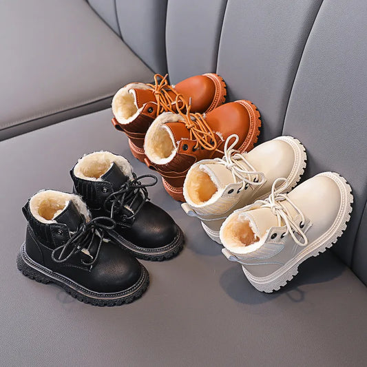 Unisex kids plush anti-skid winter snow boots, side view, warm toddler footwear