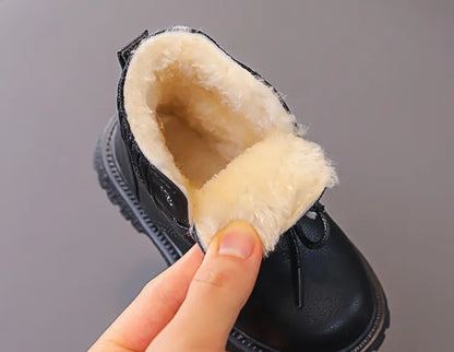 Unisex kids plush snow boots, black, deep tread anti-skid sole for safety