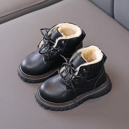 Side angle of blue kids snow boots, anti-skid sole, plush interior for warmth