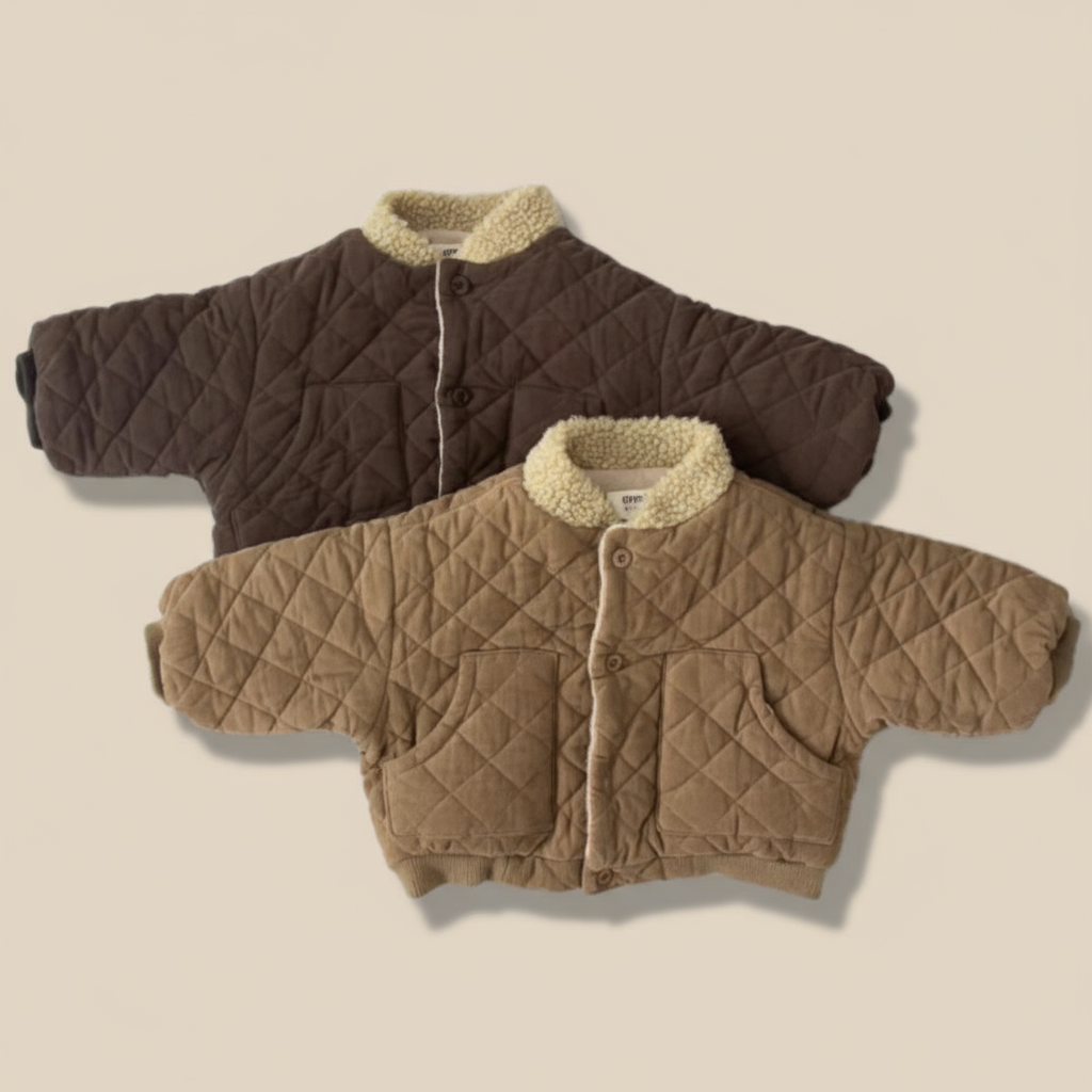 Close-up of a kids' quilted checkered jacket, showing soft fleece lining and cotton fabric