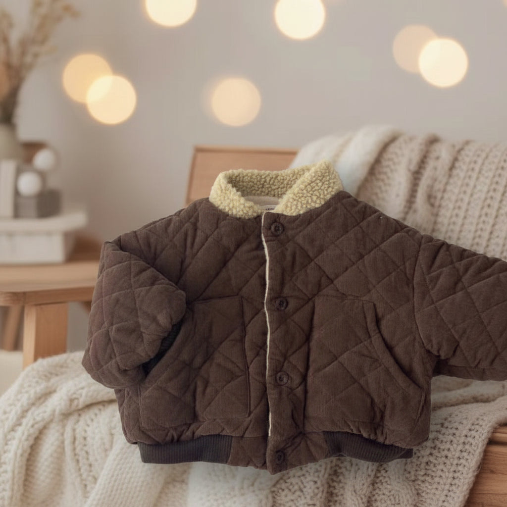 Unisex kids fleece-lined quilted checkered jacket, durable and stylish winter coat