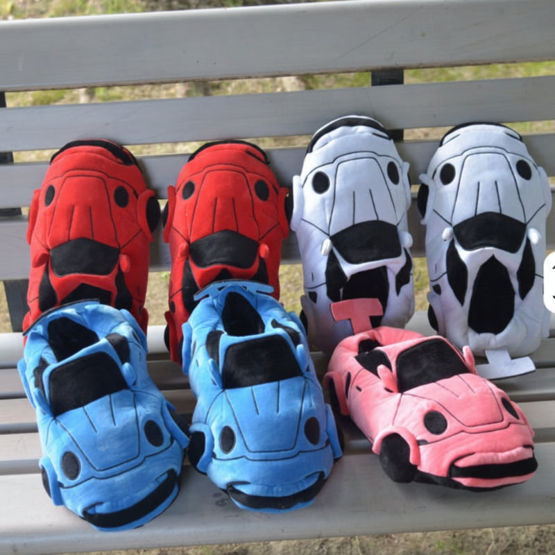 Unisex kids racing car slippers, plush, red with black wheels, for warm and cozy feet