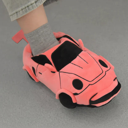 Pair of children's racing car slippers, red plush, indoor footwear for boys and girls