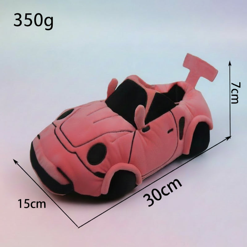Side view of a warm red racing car slipper for kids, soft and perfect for indoor wear
