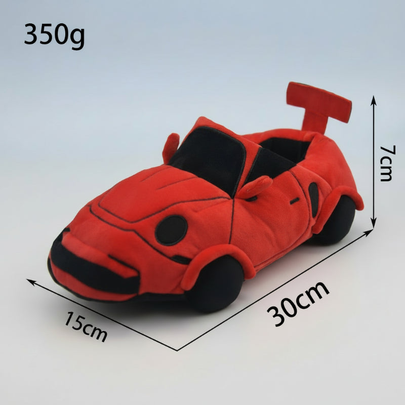 Group of various sized red racing car slippers, plush and cozy footwear for children