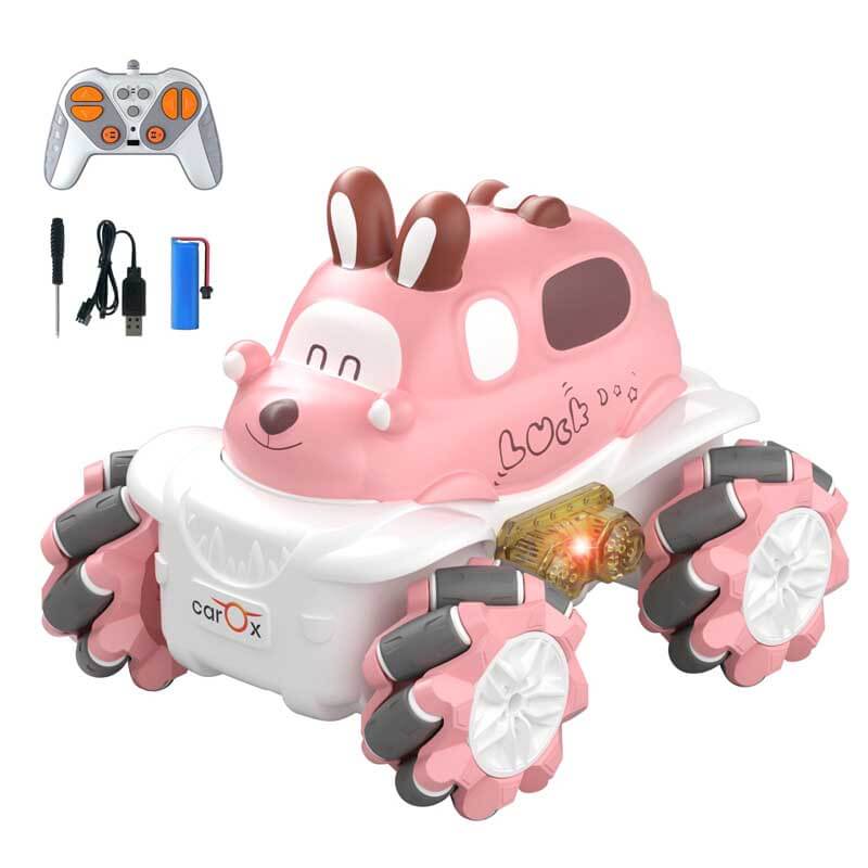 Unisex kids RC stunt car with bright LED lights, performing a flip, perfect for boys and girls playtime.