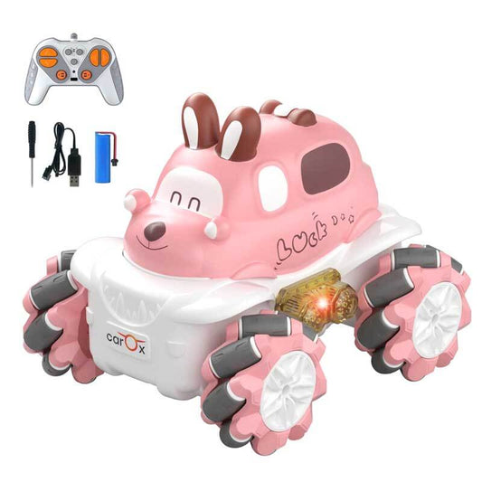 Unisex kids RC stunt car with bright LED lights, performing a flip, perfect for boys and girls playtime.