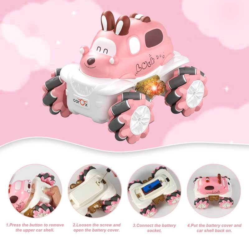 Durable remote control stunt car for kids, showing off LED lights in a dynamic action pose, fun toy.