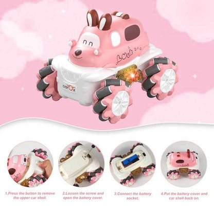 Durable remote control stunt car for kids, showing off LED lights in a dynamic action pose, fun toy.