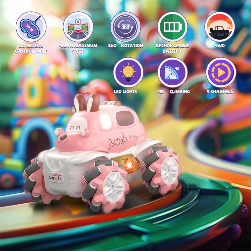 Close-up of a kids RC stunt car's durable wheels and colorful LED lights, an exciting playtime gift.