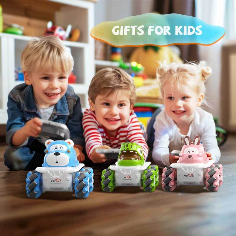 Remote control stunt car for kids, highlighting its bright LED lights and sturdy construction, ideal playtime fun.