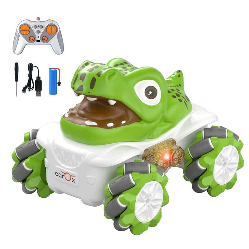Colorful unisex kids RC stunt car with glowing LED lights, displayed ready for action, a fantastic gift toy.