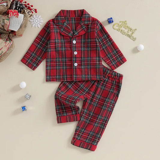 Unisex kids red and black plaid Christmas pajama set for festive holiday sleepwear