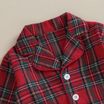 Back view of unisex children's red and black plaid Christmas pajama bottoms