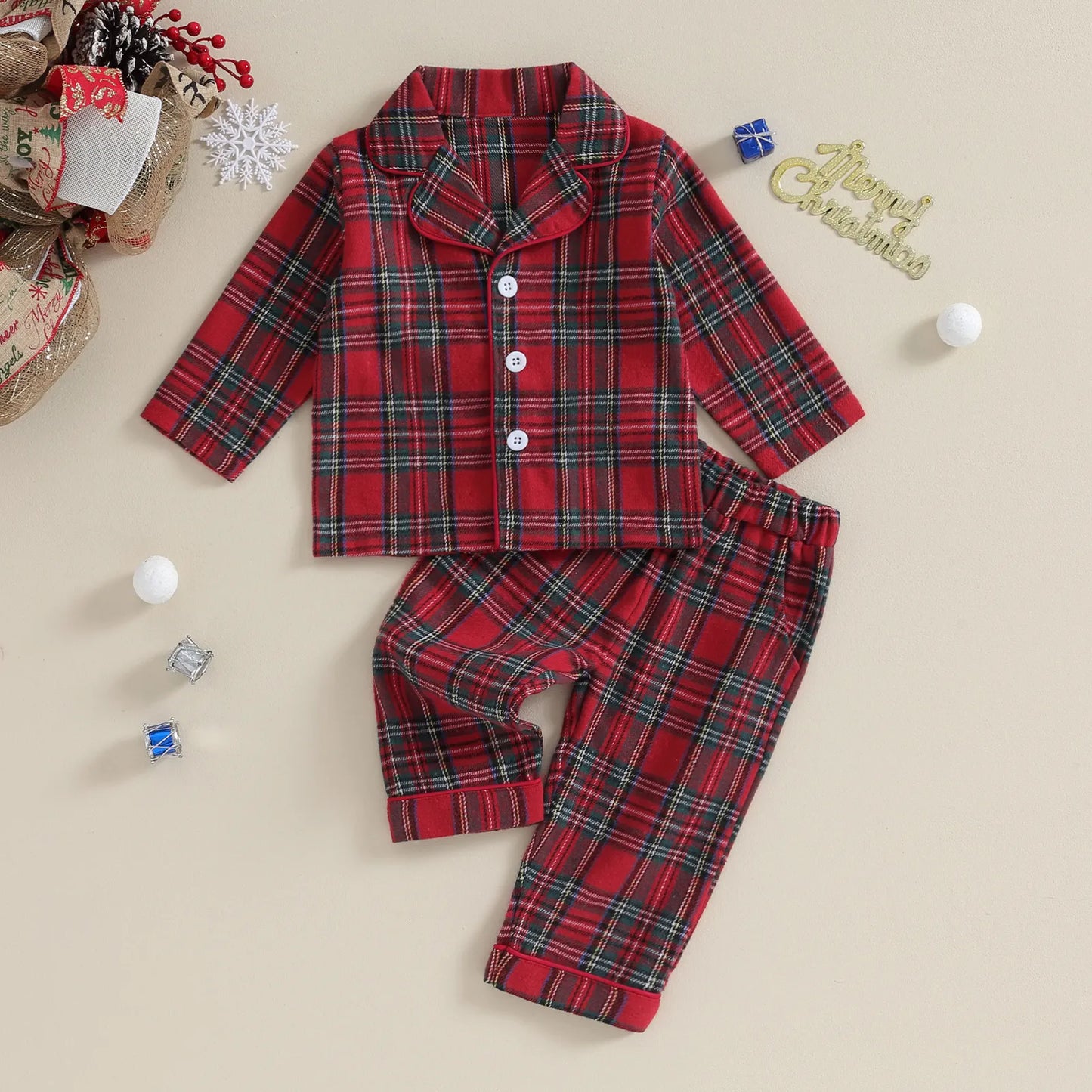 Unisex festive plaid children's loungewear, comfortable Christmas pajama set