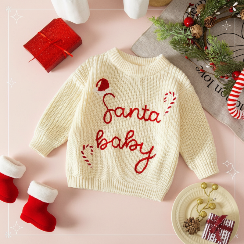 Unisex kids' red cotton Christmas sweatshirt with Santa graphic, perfect holiday apparel.