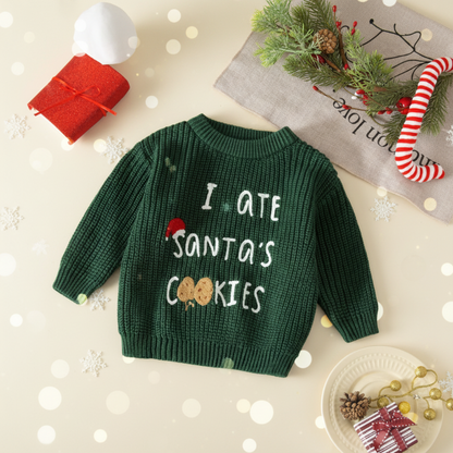 Festive kids' white cotton Christmas sweatshirt with gingerbread man design, cozy winter fashion.