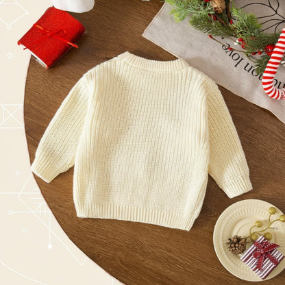 Kids' grey cotton Christmas sweater with a playful elf design, ideal holiday apparel.