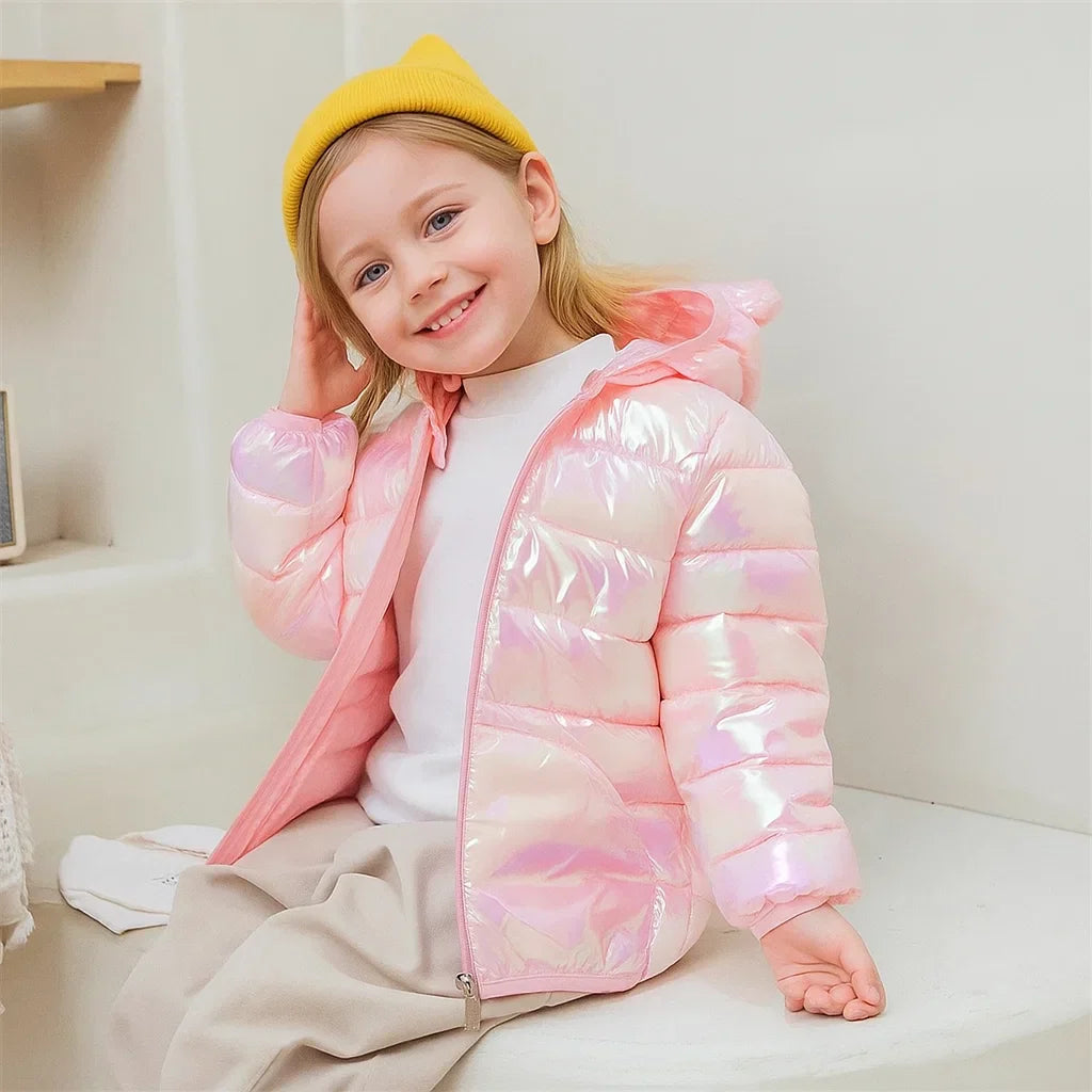 Unisex kids red padded winter jacket with cute bear hood, perfect for cold weather