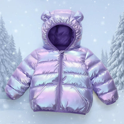 Side view of an orange padded kids jacket with bear hood, offering full body warmth