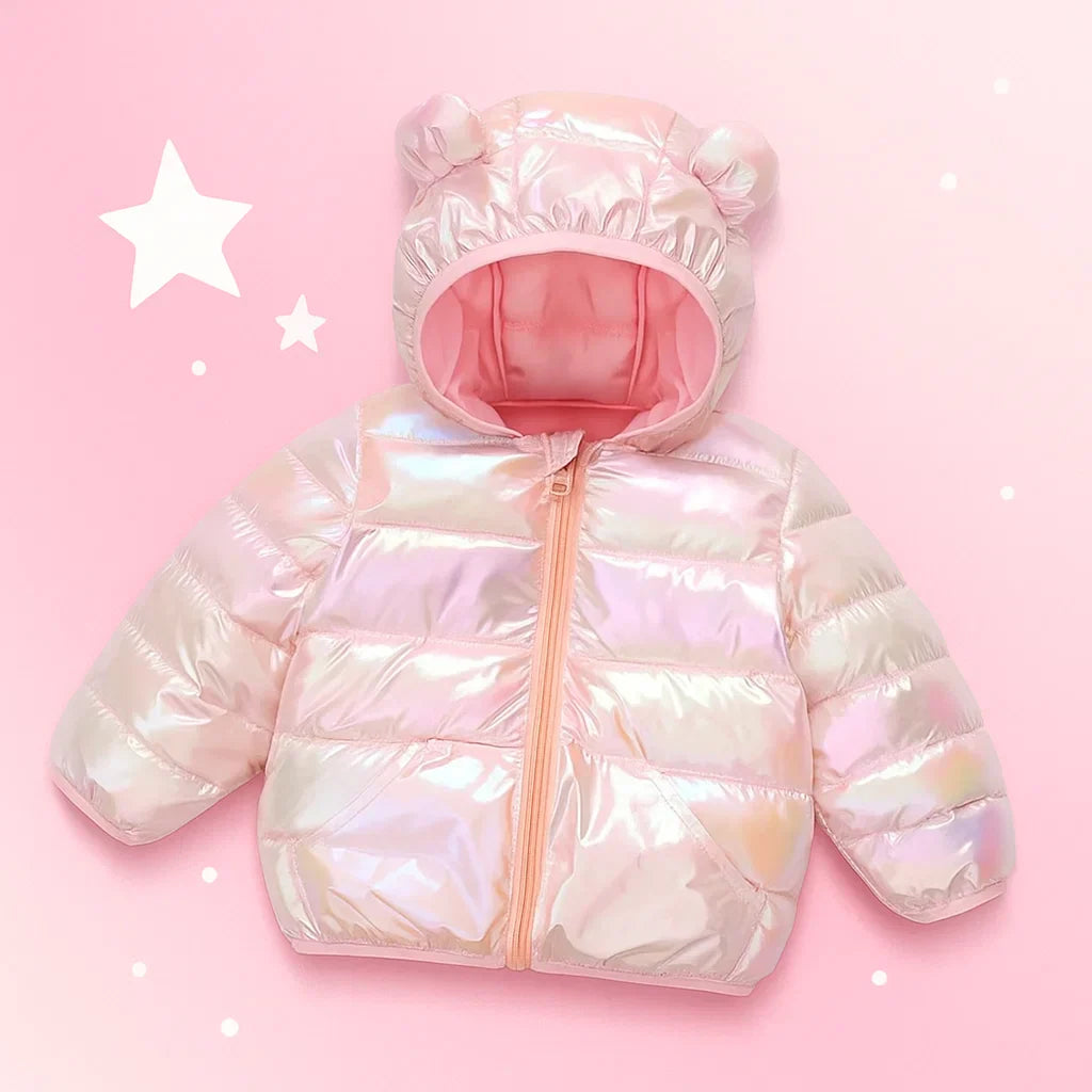 Folded unisex padded winter jacket with bear hood, showcasing material and vibrant color