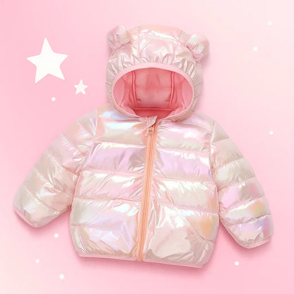 Folded unisex padded winter jacket with bear hood, showcasing material and vibrant color