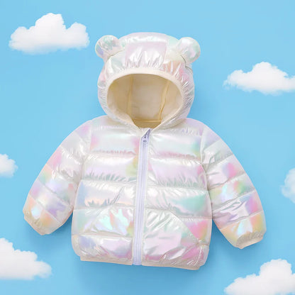 Collection of colorful kids padded jackets with bear hoods, suitable for all toddlers