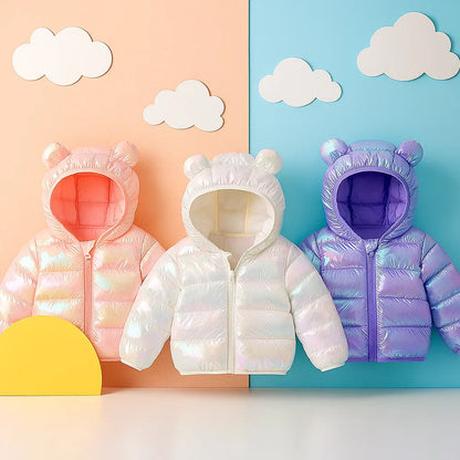 Toddler outerwear: warm blue padded jacket with bear ears hood, front zipper