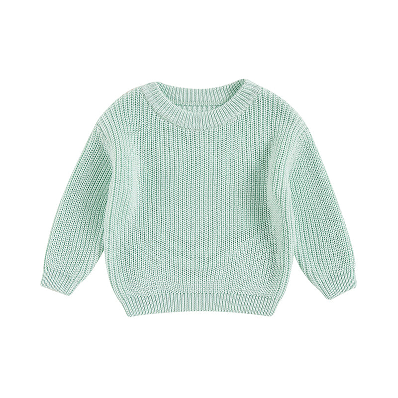 Stack of colorful unisex knit cotton long sleeve sweaters for kids and toddlers.