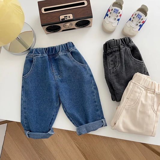 Unisex kids solid denim jeans, soft casual cotton pants, elastic waist, toddler apparel