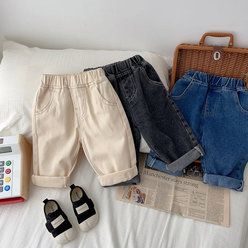 Full length unisex kids solid denim jeans, straight leg, elastic waist, comfy casual pants